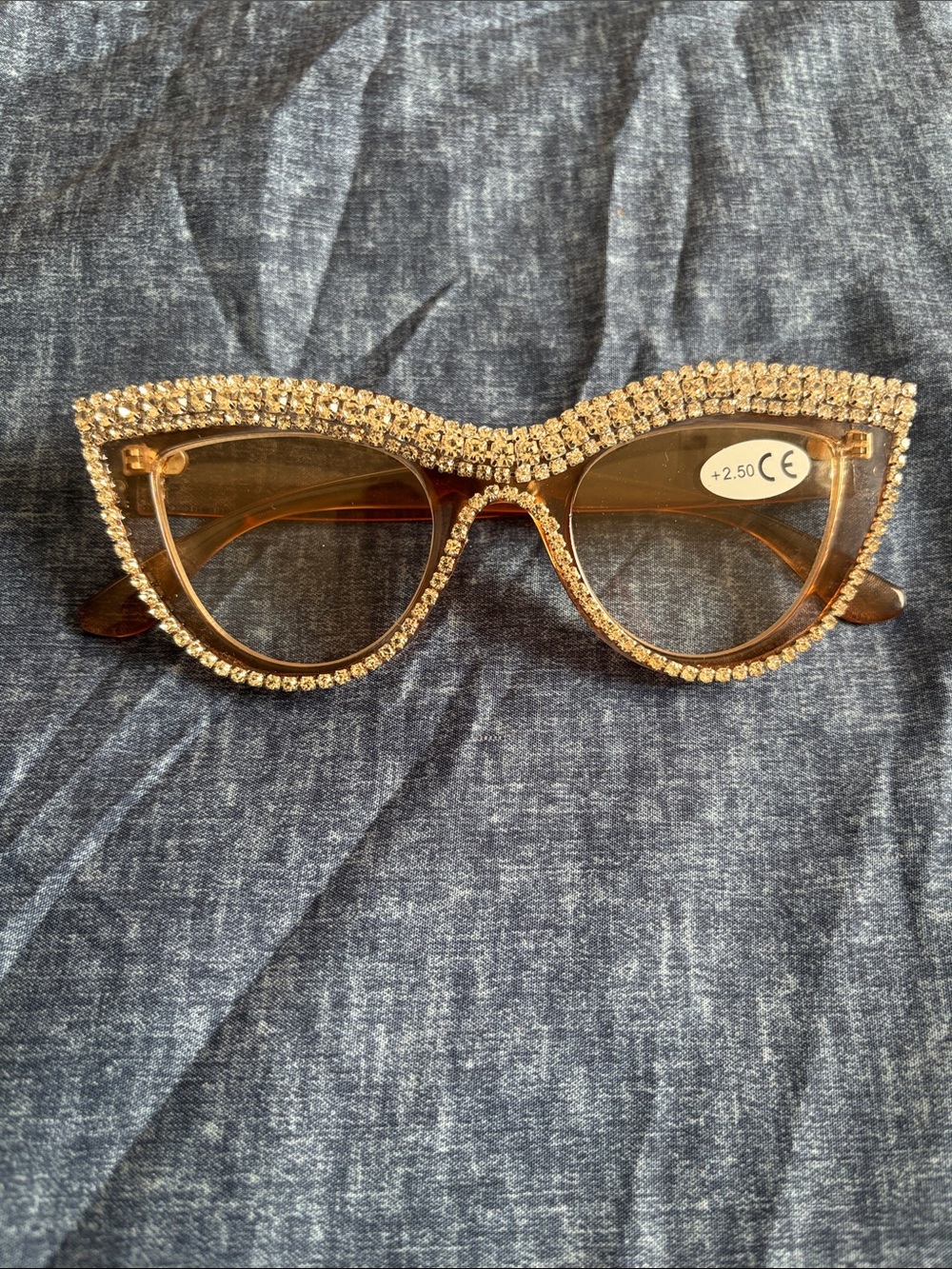 ✨ Rhinestone Cat Eye Reading Glasses +2.50 – Brown Crystal Fashion Readers